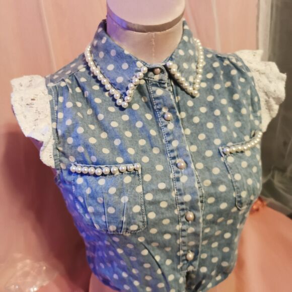 Ank Rouge Size Women's Small Denim Blouse Top Pearl Polka Dot Boho Japan Import - Picture 3 of 16